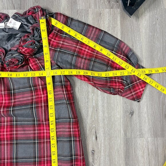 NWT Newport News Plaid Ruffle Rose Neck Midi Dress Red Gray, Fitted Like M - Picture 13 of 14